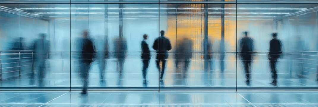 Blurred silhouettes of people walking and standing behind textured glass panels with cool blue and warm yellow lighting creating an abstract urban scene