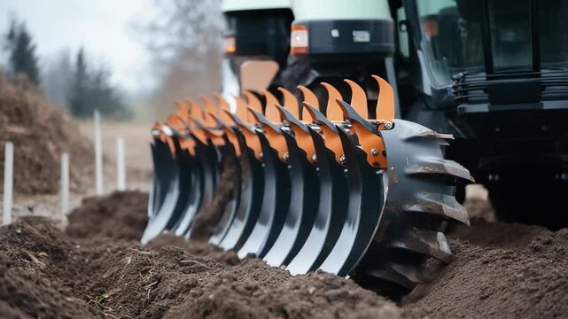 Tractor with ripper attachment ripping through the earth preparing for planting
