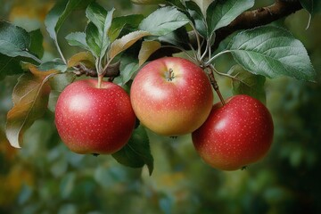 Three ripe red apples hanging from a leafy branch with a blurred green background