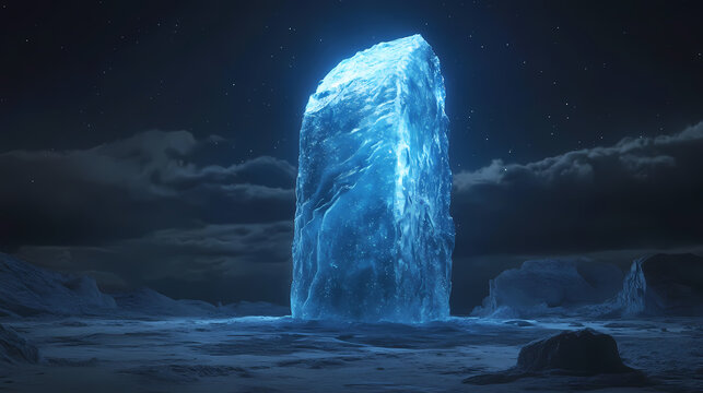 Standing in a frozen night landscape, a luminous ice monolith captures attention. ancient glowing monoliths. illustration. [Frozen Monoliths] | Windcarved Guardian | eroded form. Illustration