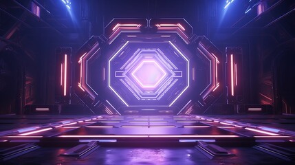 3D gaming stage in cyberpunk neon style with glowing elements scifi showcase design
