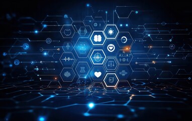Obraz premium Futuristic digital interface with glowing hexagonal icons representing healthcare, technology, and data connections on a dark blue background