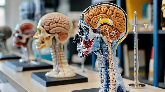 Detailed Anatomy Models Displaying Brain Structure and Human Skull on Table in Bright Laboratory Setting