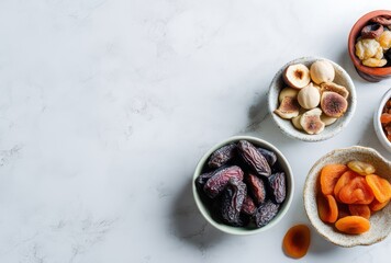 Assorted Dried Fruits in Bowls on a Marble Surface for Healthy Snacks and Cooking Ideas on a Bright Day