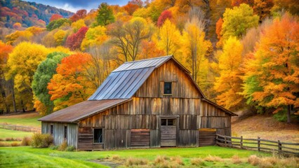 Obraz premium Old rustic wooden barn in fall landscape with changing leaves and autumn foliage, rural, trees, rural, trees, farm, landscape
