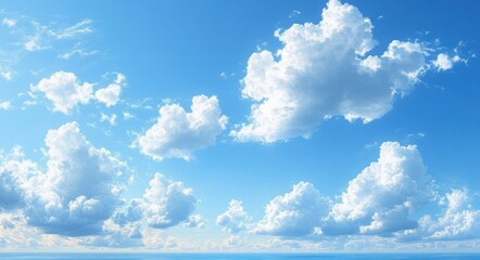 Bright blue sky filled with numerous fluffy white clouds over a calm ocean horizon during daytime