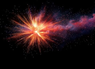 Bright orange and red firework explosion with sparkling particles and smoke trail against a dark night sky, capturing dynamic energy and celebration