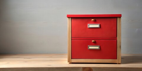 A small red storage unit with two drawers and a calendar on its top, wooden drawers