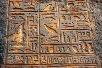 Close-up of ancient carved stone wall with detailed Egyptian hieroglyphic inscriptions conveying a historical and cultural atmosphere