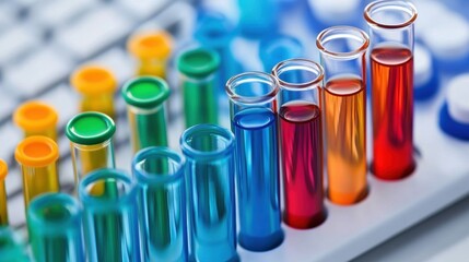 Colorful array of test tubes filled with liquid samples in a laboratory setting