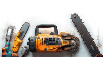 Fototapeta premium Three different chainsaws placed on a white surface showing signs of use and rust, highlighting tools for cutting wood with a rugged and industrial feel
