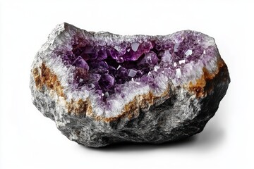 rough gray rock with a hollow filled with vibrant purple amethyst crystals surrounded by a white and rusty brown mineral layer