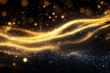 Obraz premium Glowing golden and silvery sparkling particles forming flowing waves against a dark background, creating a magical and dynamic visual effect