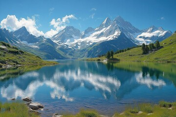 Peaceful mountain lake reflecting snow-capped peaks and fluffy clouds under bright blue sky with green grassy hills surrounding the water