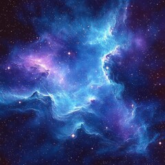 Vibrant blue and purple cosmic nebula with sparkling stars scattered across a deep space background, evoking a sense of wonder and vastness
