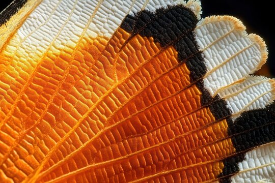 Close-up of a bright orange, black, and white butterfly wing showing detailed textures and intricate vein patterns