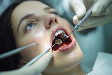 Close-up of a young woman with mouth open receiving dental examination from a dentist using dental mirror and probe tools, showing focused and calm expression