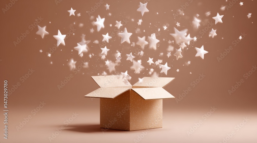 Poster gift box overflowing with stars creates a whimsical surprise in a minimalistic setting