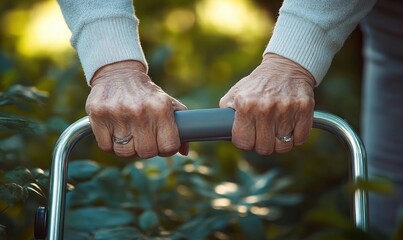 close-up of elderly hands gripping a walker handle in an outdoor garden setting with natural sunlight