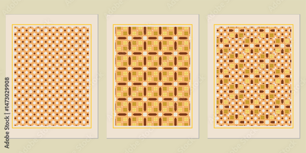 Poster three variations of a geometrically patterned artwork with a neutral color scheme and modern design 