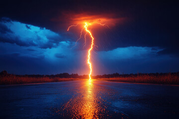 Obraz premium Lightning strikes over a road.