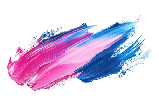 Abstract paint stroke in vibrant pink and blue hues isolated on a transparent background