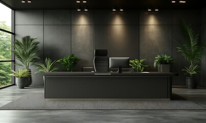 Modern Office Interior with Black Desk and Green Plants