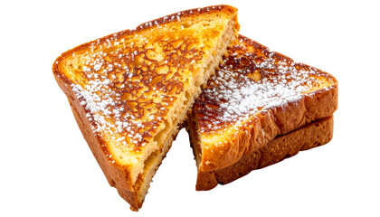 Two french toast with powdered sugar stacked irregularly isolated on white background. Suitable for marketing or business purposes. PNG file