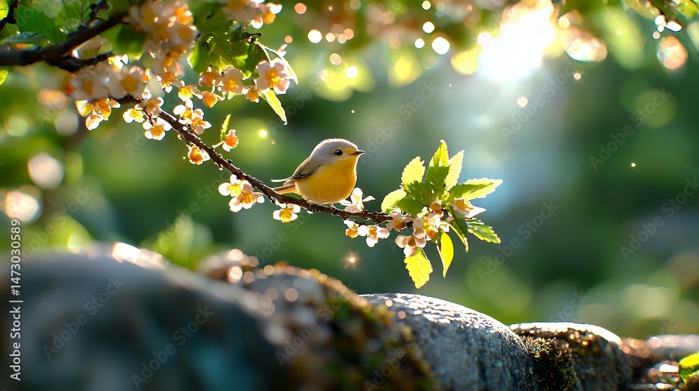 Wall mural a charming yellow bird perched on a blossoming branch with soft sunlight filtering through leaves cr