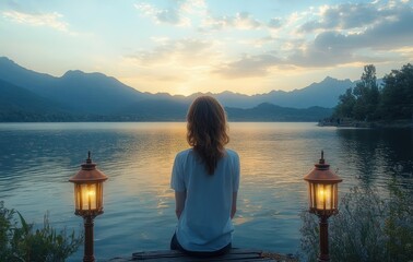 Fototapeta premium Person sitting on a wooden dock by a lake at sunset surrounded by mountains and softly glowing lanterns, evoking calm and peaceful reflection