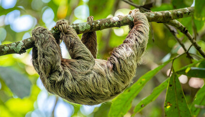 Sloth clinging to branch amidst lush green foliage, suspended from a mossy tree in its habitat