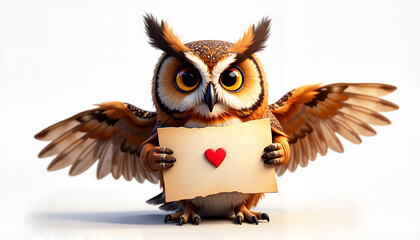 Owl holding love letter with heart
