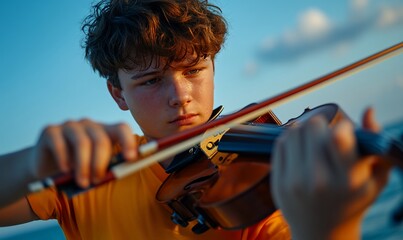 A Young Musician Concentrated on Playing a Violin Under the Sky