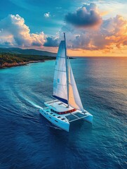 Naklejka premium White sailboat cruising on calm blue ocean near green coastline under a colorful sunset sky with dramatic clouds