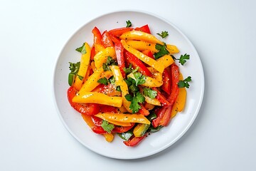 Overhead Shot Red, Yellow Bell Pepper and Parsley Salad on White Plate with White Background