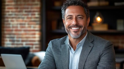Fototapeta premium Confident mature man with salt and pepper hair smiling warmly while sitting in a modern workspace with brick wall background and laptop