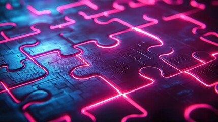 Close-up of interconnected puzzle pieces illuminated by pink and blue neon light giving a futuristic and technological feel