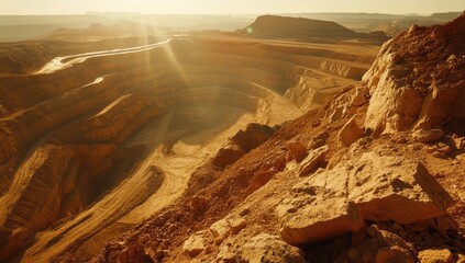 Vast open-pit mine at sunrise. Golden light illuminates the deep excavation