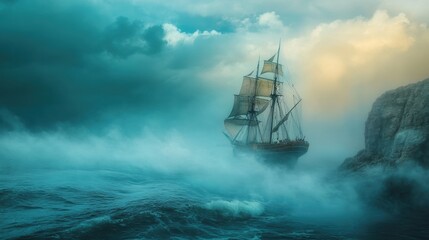 Tall Ship Sailing Through a Mystical Fog Approaching a Rocky Cliff