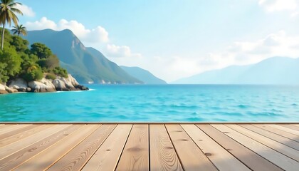 Fototapeta premium Empty wooden floor for product display montages with sea and mountain background created with generative ai