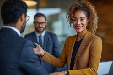 Smiling businesswoman in a mustard blazer introducing a male colleague in a modern office setting with another man in the background