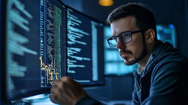 A data scientist decrypting a hidden cyber attack targeting a financial institution – high-quality AI image - Powered by Adobe