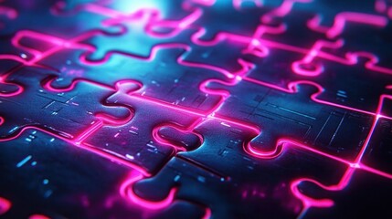 Close-up of interconnected glossy puzzle pieces with neon pink and blue glowing edges creating a futuristic and vibrant effect
