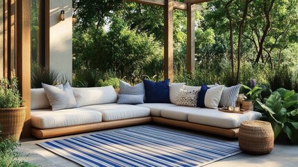 Cozy outdoor seating area with white cushioned L-shaped sofa, blue and white pillows, striped blue rug under wooden pergola surrounded by lush green plants