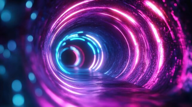 Futuristic illuminated tunnel with vibrant neon pink and blue lights reflecting on smooth curved surfaces, creating a glowing and immersive effect
