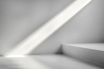 Minimalist empty white room with sharp diagonal beam of natural light casting shadows on smooth floor and angular corner ledge, evoking calm and simplicity