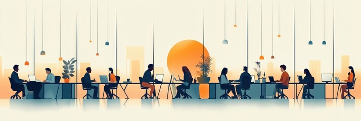 Silhouetted diverse group of people working on laptops at long desks in modern office with hanging lights and plants during sunset