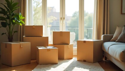 Cardboard boxes packed and shifted in new home with apartment window view in background created with generative ai 