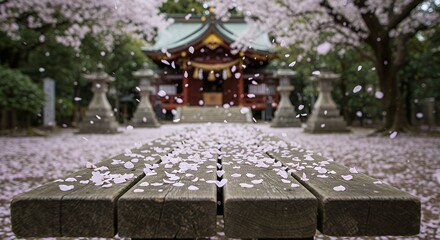 Obraz premium Falling Cherry Blossoms at Japanese Temple Grounds on a Wooden Platform