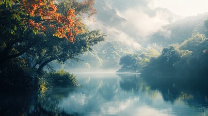 Foggy Lake Reflecting Autumn Foliage Near Forest and Mountains